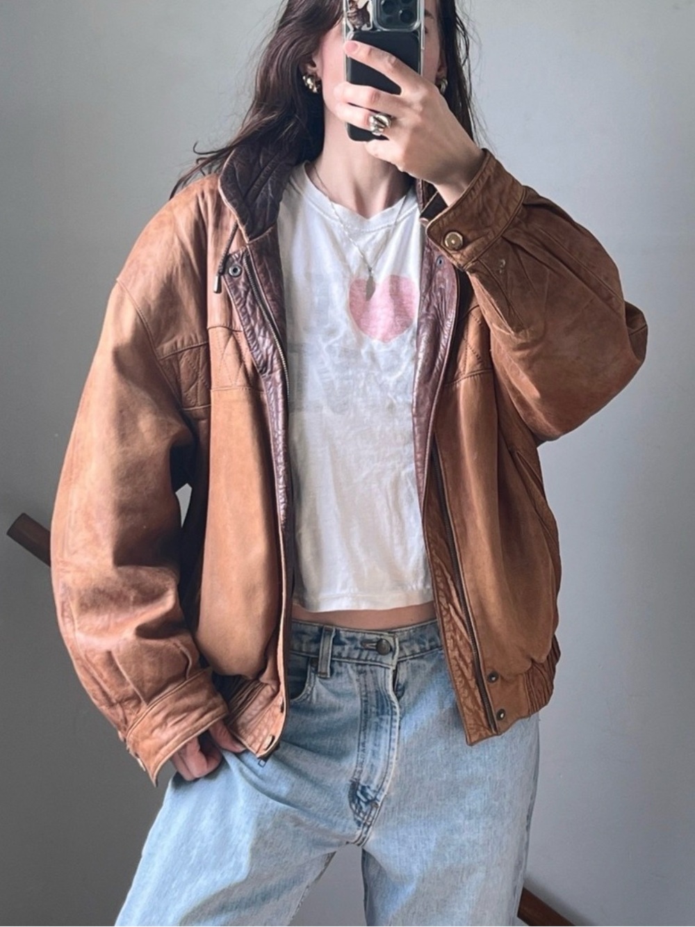 Vintage 90s Leather Bomber Jacket | Quilted Funnel Neck | Oversized Brown | L - Picture 8 of 16
